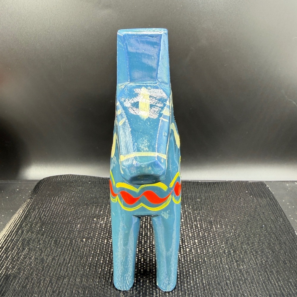 Vintage Akta Dalahemslojd Swedish Dala Horse Blue Hand Painted Wood Folk Art 7" - Picture 11 of 15